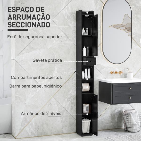 Coluna Casa de Banho com Compartimento Aberto Prateleiras Ajustáveis e Suporte para Papel Higiênico 20x20x185 cm Preto