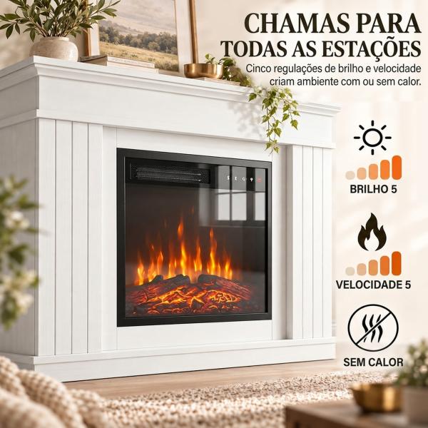 Lareira Elétrica Decorativa 1800W com Prateleira, Efeito de Chama, 5 Níveis de Brilho, Termóstato, Temporizador e Comando, para TV até 38", Branco