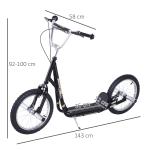 Trotinete para Crianças acima de 5 anos Scooter de 2 Rodas Grandes Insufláveis de 16 Polegadas com Freios e Guidão Ajustável em Altura 143x58x92 - 100cm Preto