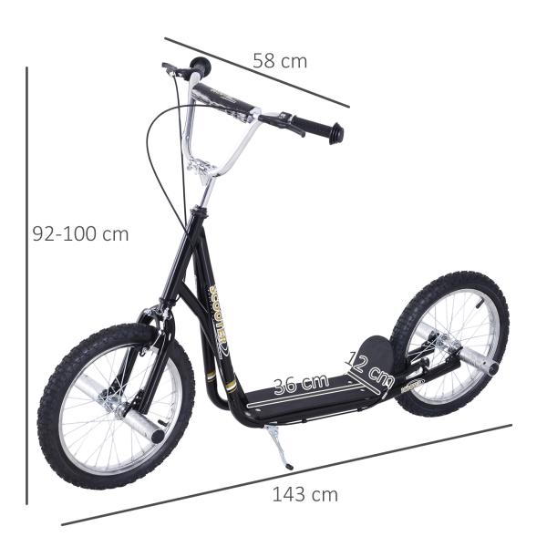 Trotinete para Crianças acima de 5 anos Scooter de 2 Rodas Grandes Insufláveis de 16 Polegadas com Freios e Guidão Ajustável em Altura 143x58x92 - 100cm Preto