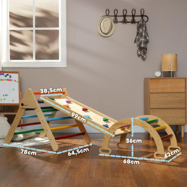 Triângulo de Escalada de Madeira 5 em 1 Escada para Crianças de 18 - 48 Meses com Rampa e Arco de Escalada 178x64,5x63 cm Multicor