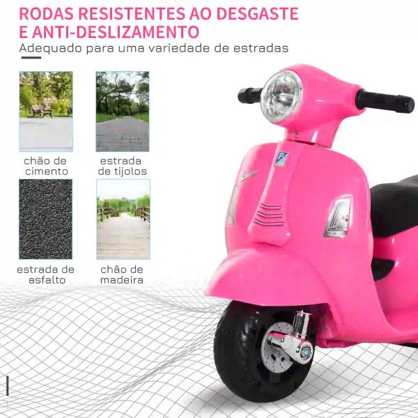 Mota Elétrica Infantil Vespa 6V com Farol, Buzina e Rodas Auxiliares para Crianças de 18 - 36 Meses Rosa 66,5x38x52 cm