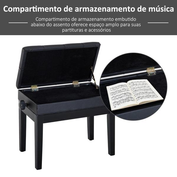 Banco de Piano com Espaço de Armazenamento Altura Ajustável com Assento Acolchoado Carga 200 kg 54,5x33x48 - 58 cm Preto