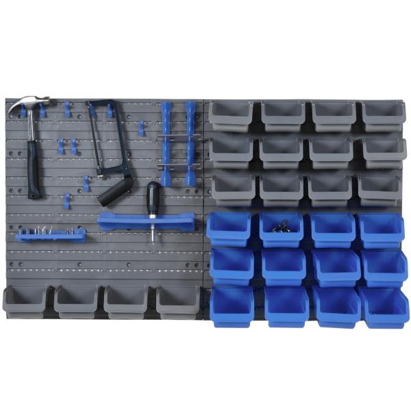 Prateleira de Parede Organizador de Ferramentas Prateleiras de Armazenamento com 28 Caixas ​54x95 cm Cinza e Azul