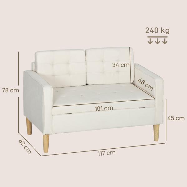 Sofá de 2 Lugares com Espaço de Armazenamento Pés de Madeira Encosto Capitonê 117x62x78 cm Creme