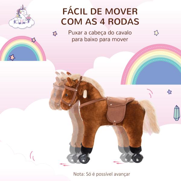 Cavalo para Crianças acima de 36 Meses com Rodas Sons de Relincho e Pedais Carga 60 kg 55x23x60 cm Marrom