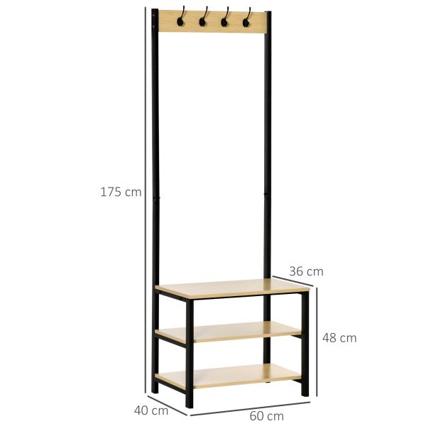 Móvel Cabide de Entrada de Metal com 3 Prateleiras e 4 Ganchos 60x40x175 cm Preto e Madeira