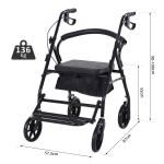 Andarilho 4 Rodas Andarilho Dobrável Leve Assento Encosto Acolchoado Pegas Ergonómicas Metal Preto
