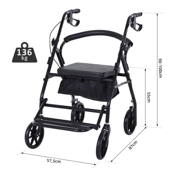 Andarilho 4 Rodas Andarilho Dobrável Leve Assento Encosto Acolchoado Pegas Ergonómicas Metal Preto