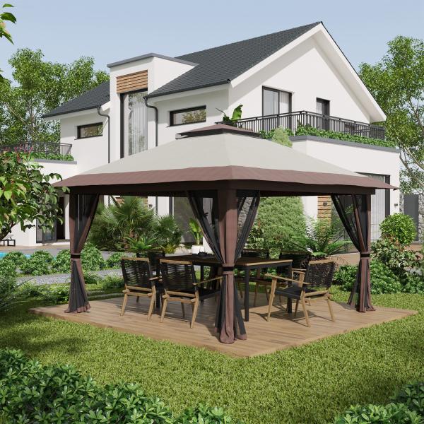 Tenda Dobrável Pop - UP 3,92x3,92x2,83 m com Altura Ajustável Proteção UV50+ Rede Mosquiteira e Bolsa de Transporte Bege e Marrom