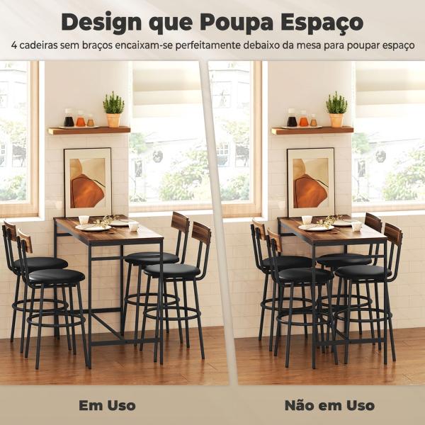 Conjunto de Mesa Alta de Bar com 4 Bancos, Assentos em PU com Encosto e Apoio para os Pés, Castanho