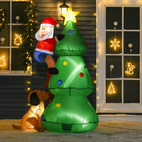 Árvore de Natal insuflável 180 cm com luzes LED, Pai Natal e cão, para interior e exterior, multicolor