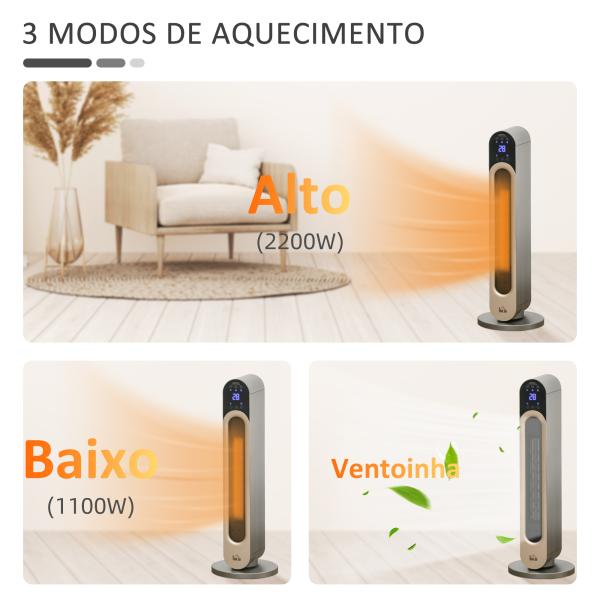 Aquecedor Cerâmico de Torre 1100/2200W com Controlo Remoto Ecrã LED Temporizador de 12h Termostato 3 Modos Ø25x73,5 cm Prata