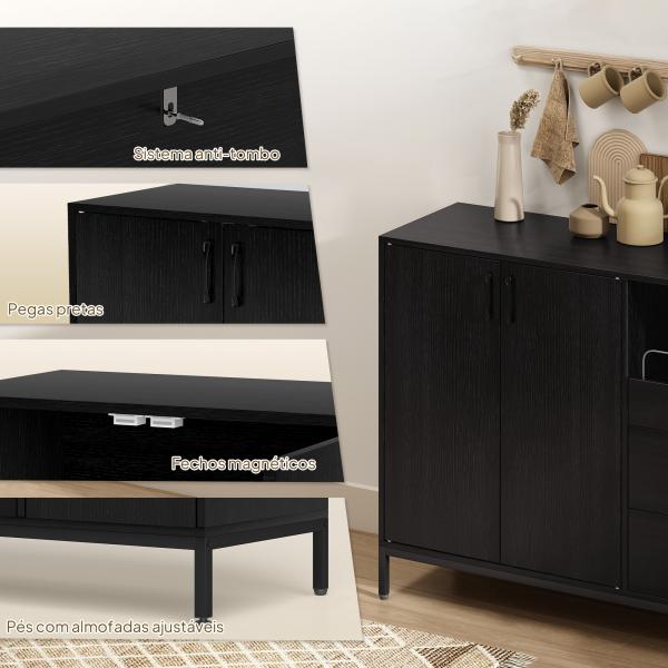 Aparador com 3 Portas e 3 Gavetas Prateleiras Ajustáveis para Cozinha, Entrada Sala de Jantar Quarto 143,5x40x90 cm Preto
