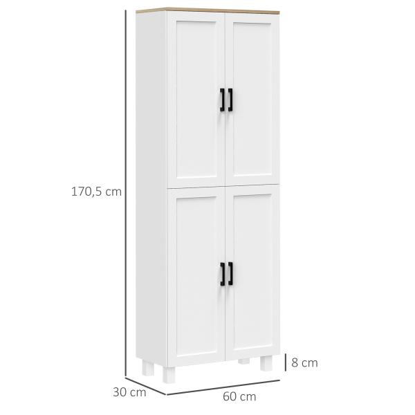Armário de Cozinha com 4 Portas e Prateleiras Ajustáveis Anti - Tombo 60x30x170,5 cm Branco