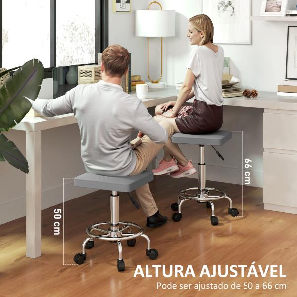 Banco Giratório com Rodas Altura Regulável 50 - 66 cm Assento Estofado em Imitação de Couro 34x34x50 - 66 cm Cinzento