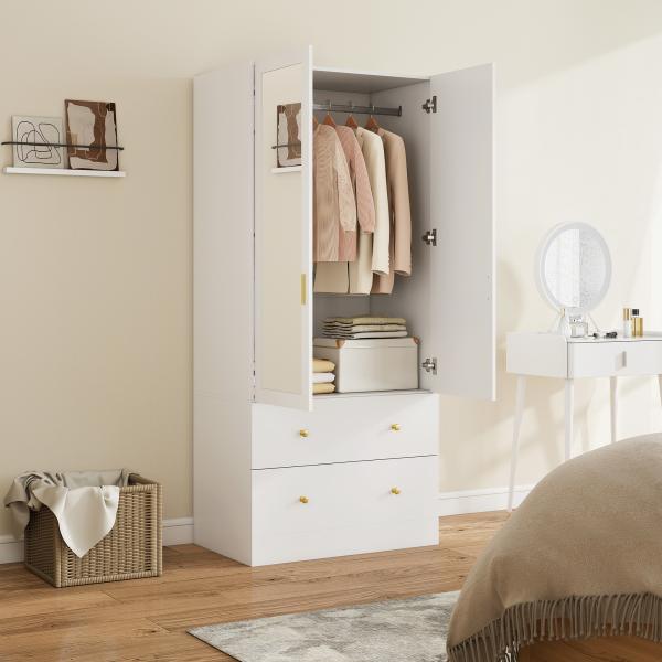 Roupeiro com 2 Portas e 2 Gavetas Armário Roupeiro com Espelho Barra para Pendurar Estilo Moderno 80x50x180 cm Branco