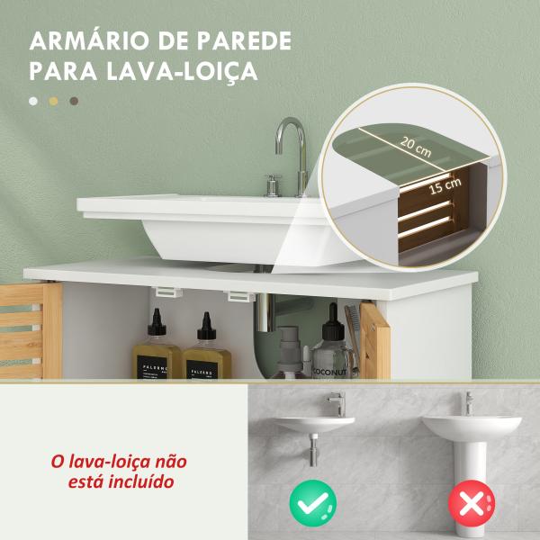 Móvel para Lavatório Móvel Sob Lavatório Moderno com Portas Magnéticas de Bambu e Estante Ajustável 60x30x60 cm Branco e Madeira