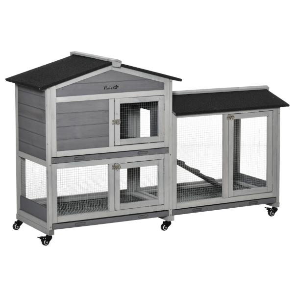 Casota para Coelhos Exterior 157,4x53x99,5 cm Gaiola Grande com Rodas, Telhado Asfáltico, Tabuleiros Removíveis e Rampa Cinzento