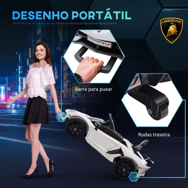Carro Elétrico Lamborghini para Crianças 12V Velocidade Máxima 5km/h Controlo Remoto MP3 Luzes e Cinto de Segurança 107,5x63x42 cm Branco