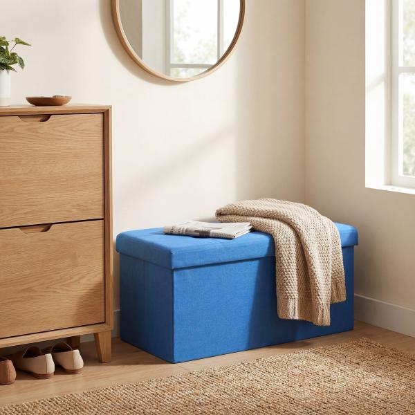 Puff de Armazenamento Banco de Armazenamento Dobrável 84 L 76x38x38 cm Estofado em Linho Sintético Azul Claro
