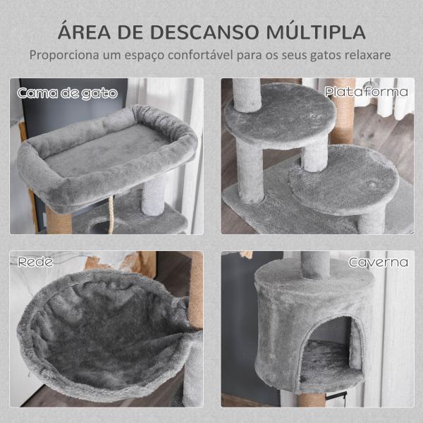 Árvore Arranhador para Gatos com Plataforma Caverna Rede postes de Juta Corda e Bola Suspensa 48x48x120 cm Cinza