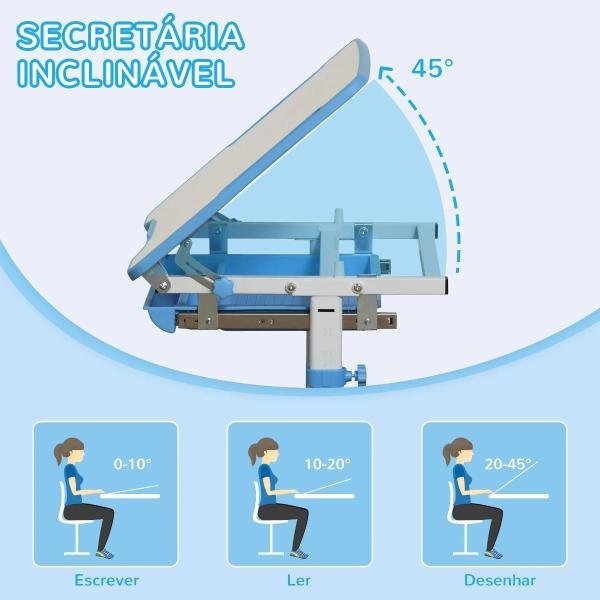 Secretária Infantil 2 em 1 Conjunto de Secretária e Cadeira para Crianças acima de 6 Anos com Altura Ajustável Mesa com Ângulos Regulável e Bandeja Deslizante 66x47x77cm Azul
