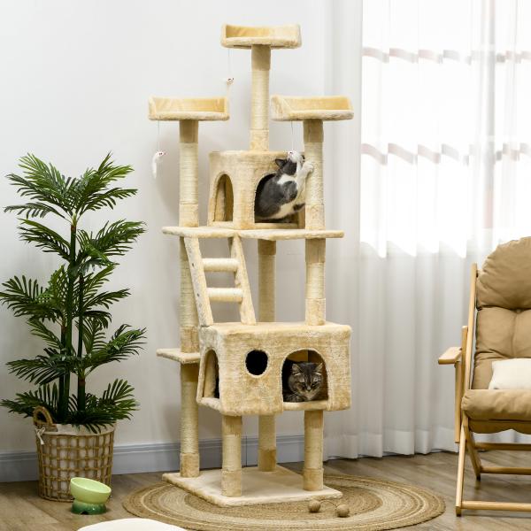 Arranhador para Gatos Centro de Atividade com Poste Cor: Bege - 60 x 50 x 180 cm