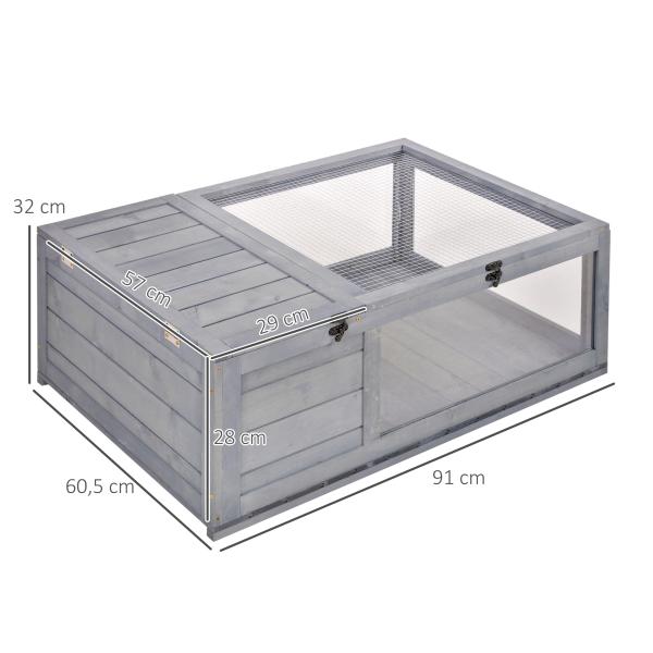 Terrario para Reptéis Casa para Tartarugas de Madeira com Painéis Laterais Transparentes e Trava 91x60,5x32 cm Cinza