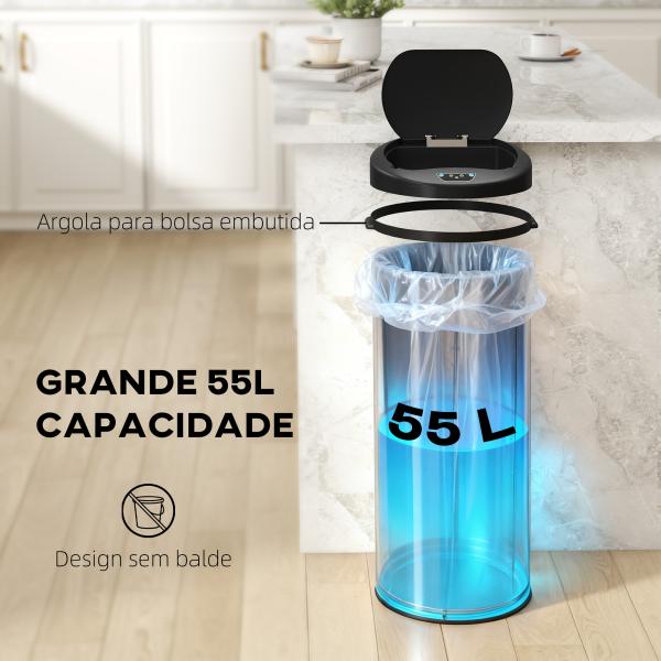 Balde de Lixo de Cozinha Automático 55 L em Aço Inoxidável com Sensor Infravermelho Fechamento Suave 32x30x78,5 cm Prateado