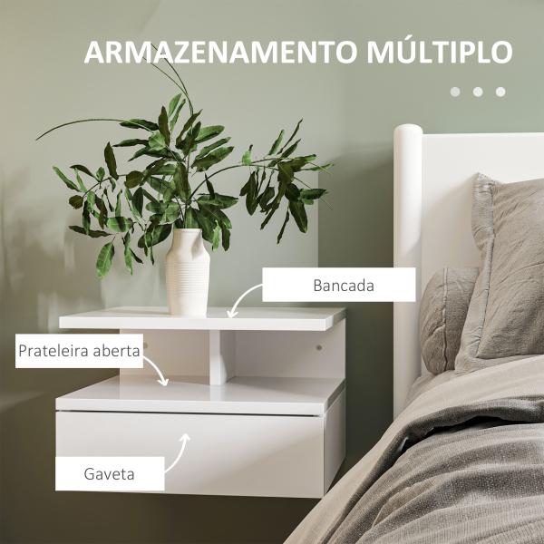 Conjunto de 2 Mesas de Cabeceira Flutuante com 1 Gaveta e Prateleira Aberta Montado na Parede 35x32x22,5 cm Branco