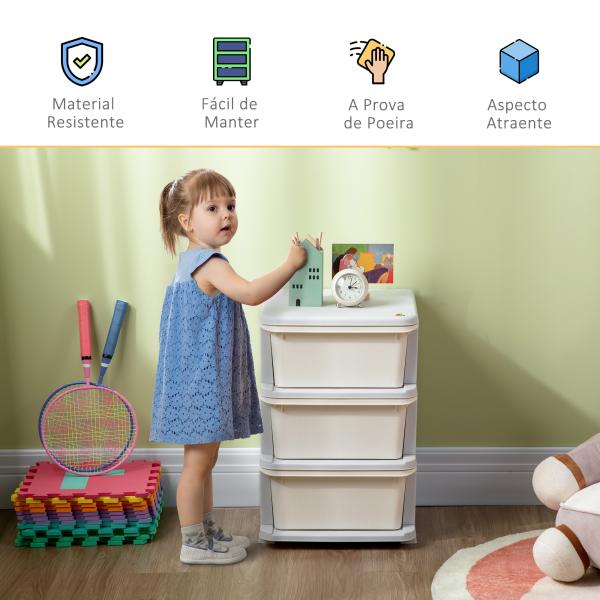 Organizador de Brinquedos para Crianças com 3 Gavetas Arrumação para Brinquedos Roupas Livros 37x37x56,5 cm Bege
