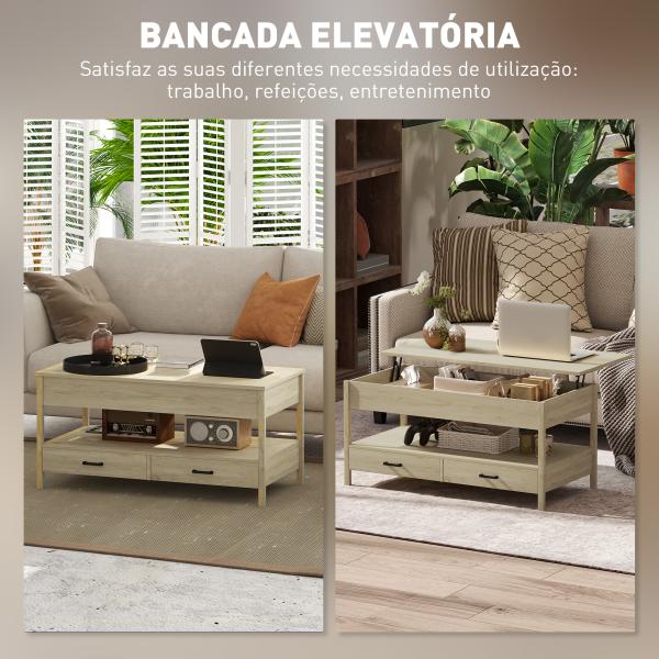 Mesa de Centro com Bancada Elevável Espaço Oculto de Armazenamento Gavetas e Prateleira Aberta 100x50x48 - 62 cm Carvalho