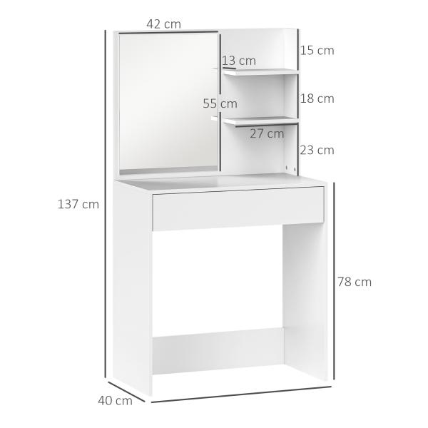 Toucador de Maquilhagem com Espelho Mesa de Maquilhagem com Gaveta e Prateleiras Abertas 75x40x137 cm Branco