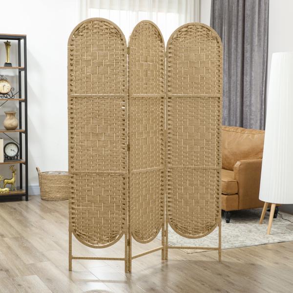 Biombo Separador de Ambientes 3 Painéis 120x170 cm Painel de Privacidade Dobrável Boémio com Topo Arqueado Entrançado à Mão Madeira