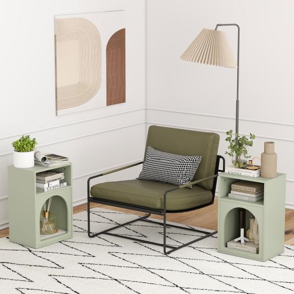 Mesa de Cabeceira Estreita com 2 Compartimentos Abertos e Design em Arco 40x30x60 cm Verde - Claro