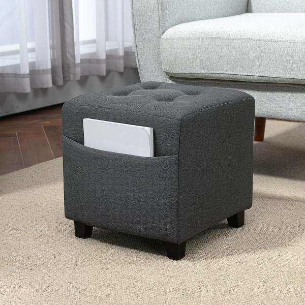 Apoio para os Pés Sala de Estar Banco Estofado em Linho com Bolso Lateral Tampa com Botões 35x35x35 cm Cinzento