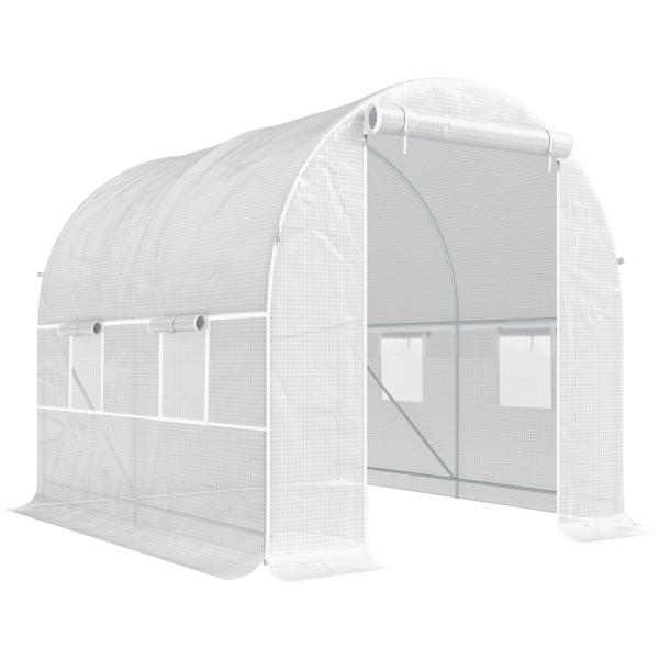 Estufa Tipo Túnel 245x200x200cm com Portas Enroláveis e 4 Janelas Cobertura de PE Estrutura de Metal Branco