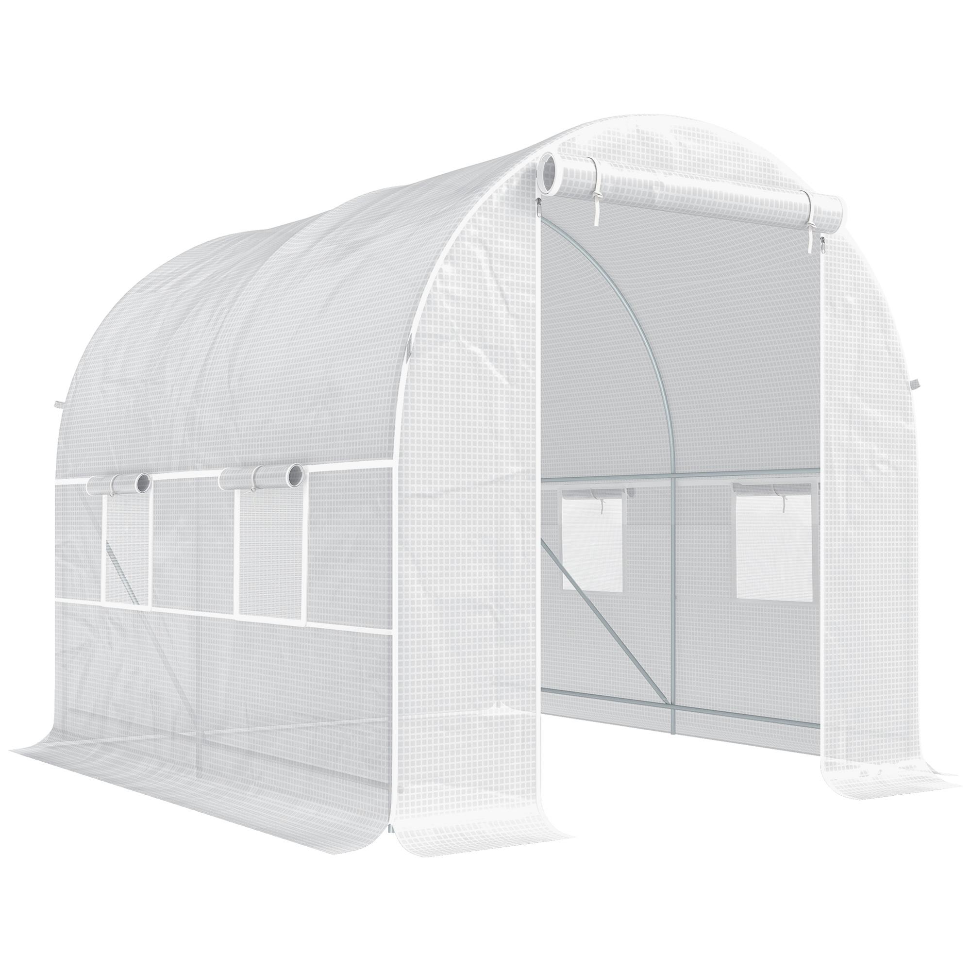 Estufa Tipo Túnel 245x200x200cm com Portas Enroláveis e 4 Janelas Cobertura de PE Estrutura de Metal Branco