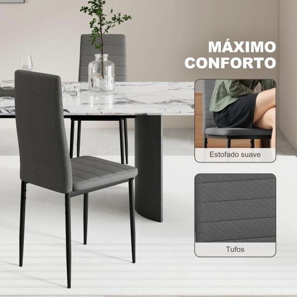 Conjunto de 6 Cadeiras de Sala de Jantar Estofadas em Linho e Pés de Metal para Cozinha Carga Máxima 120kg 41x50x97 cm Cinza