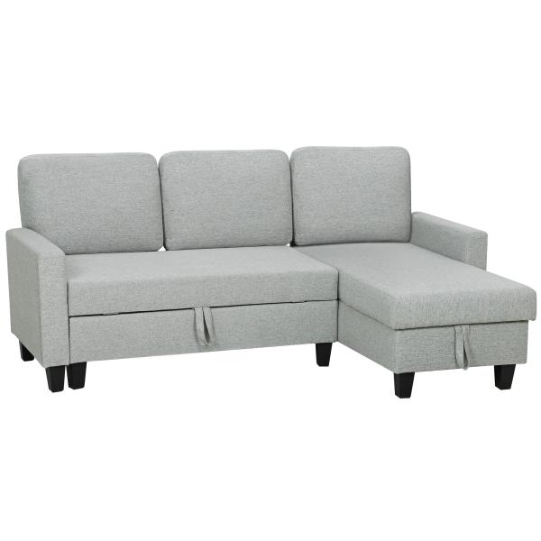 Sofá - Cama Chaise Longue de 3 Lugares Chaise Longue Reversível Ambos Lados com Armazenamento com Capas Removíveis 197x129x85 cm Cinza