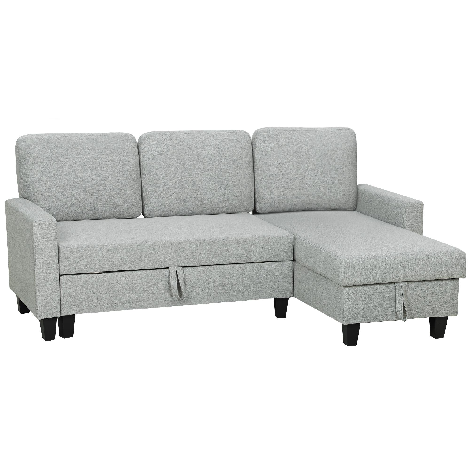 Sofá - Cama Chaise Longue de 3 Lugares Chaise Longue Reversível Ambos Lados com Armazenamento com Capas Removíveis 197x129x85 cm Cinza