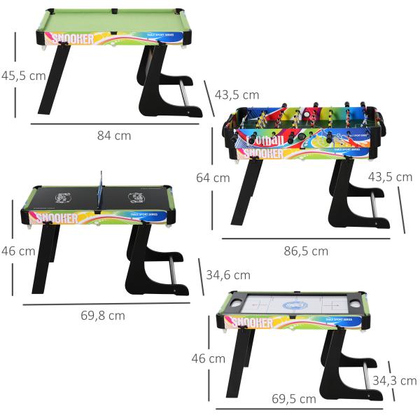 Mesa de Jogos Dobrável 4 em 1 Matraquilhos Hóquei de Mesa Bilhar Pingue - Pongue e Acessórios Incluídos 86,5x43,5x64 cm Multicor