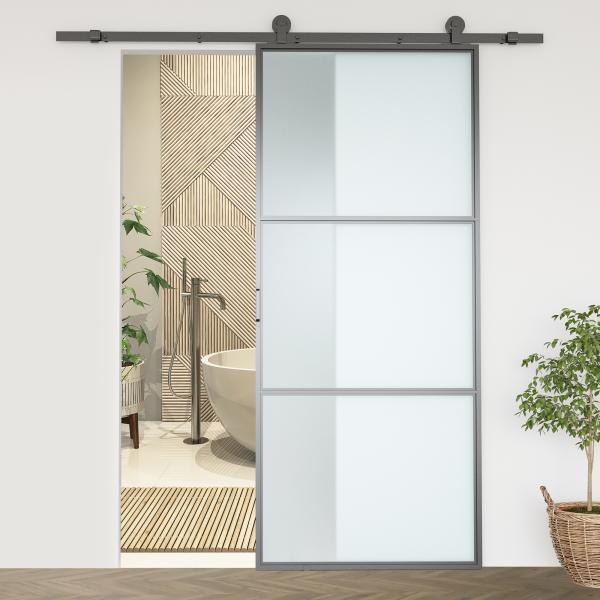 Ferragem para Porta de Correr Kit de Acessórios para Porta Corredeira com 2 Trilhos de Aço de Carbono 200x40x0,6cm Preto