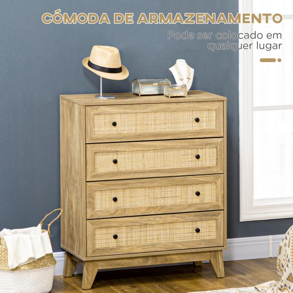 Cómoda com 4 Gavetas Cómoda de Madeira com Gavetas de Vime e Pés Elevados 80x35x95cm Madeira