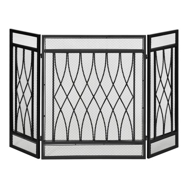 Frente de Lareira Dobrável Frente para Lareira com 3 Painéis com Dobradiças e Estrutura de Metal Decorativa 126x3x80cm Preto