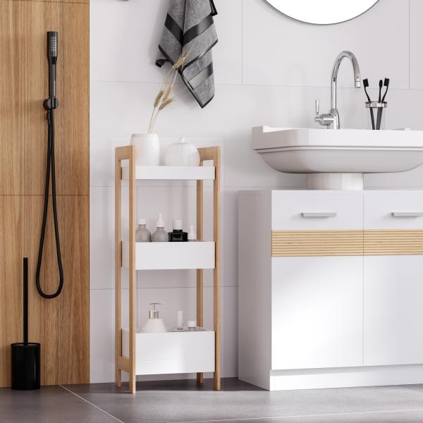 Móvel Auxiliar de banheiro com 3 Prateleiras Organizadoras de Bambu 27,5x20,8x74 cm Cor Branco e Natural