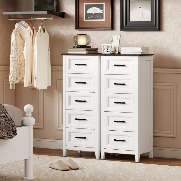 Cómoda 5 Gavetas Cómoda de Dormitório Estreita e Alta com Bancada com Efeito Madeira 45x35x106 cm Branco