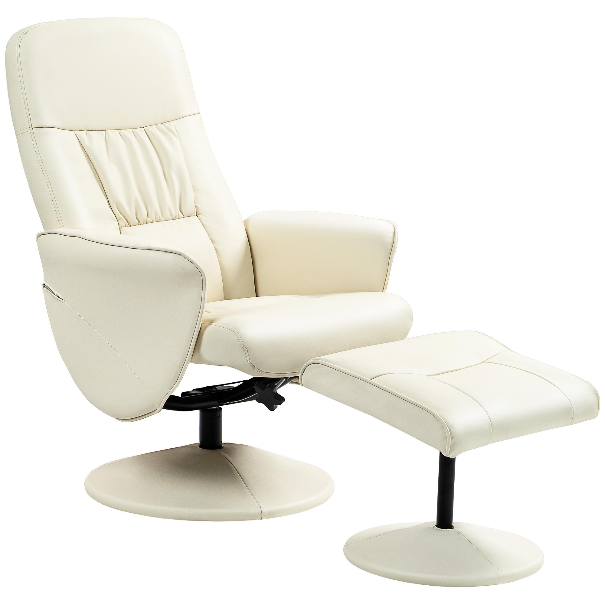 Poltrona Relax com Apoio para os Pés Estofada em PU Reclinável até 145° e Giratório 360° com Encosto Ajustável 81x81x105cm Creme
