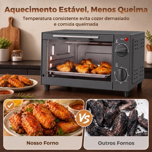 Mini Forno Elétrico 9 L de Bancada 750 W com Temperatura Ajustável e Temporizador, 35x24,6x20 cm, Cinzento